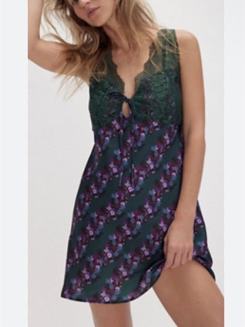 Free People Countryside Printed Mini Dress XS Green Floral Lace Cottagecore
